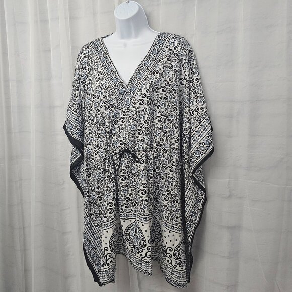 Piel Blue Black Peasant Blouse Swim Cover Boho Beach Festival OSFA - Picture 5 of 10